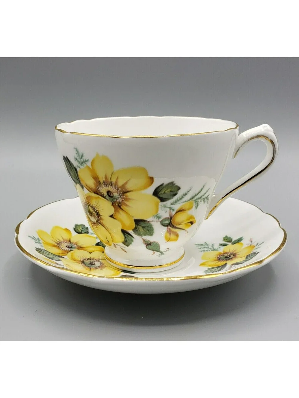 Vintage Regency Teacup & Saucer Fine Bone China Yellow Wild Rose England